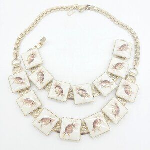 Vintage Ceramic Necklace & Bracelet Set Demi Parure Pincone Transfer Gold Tone